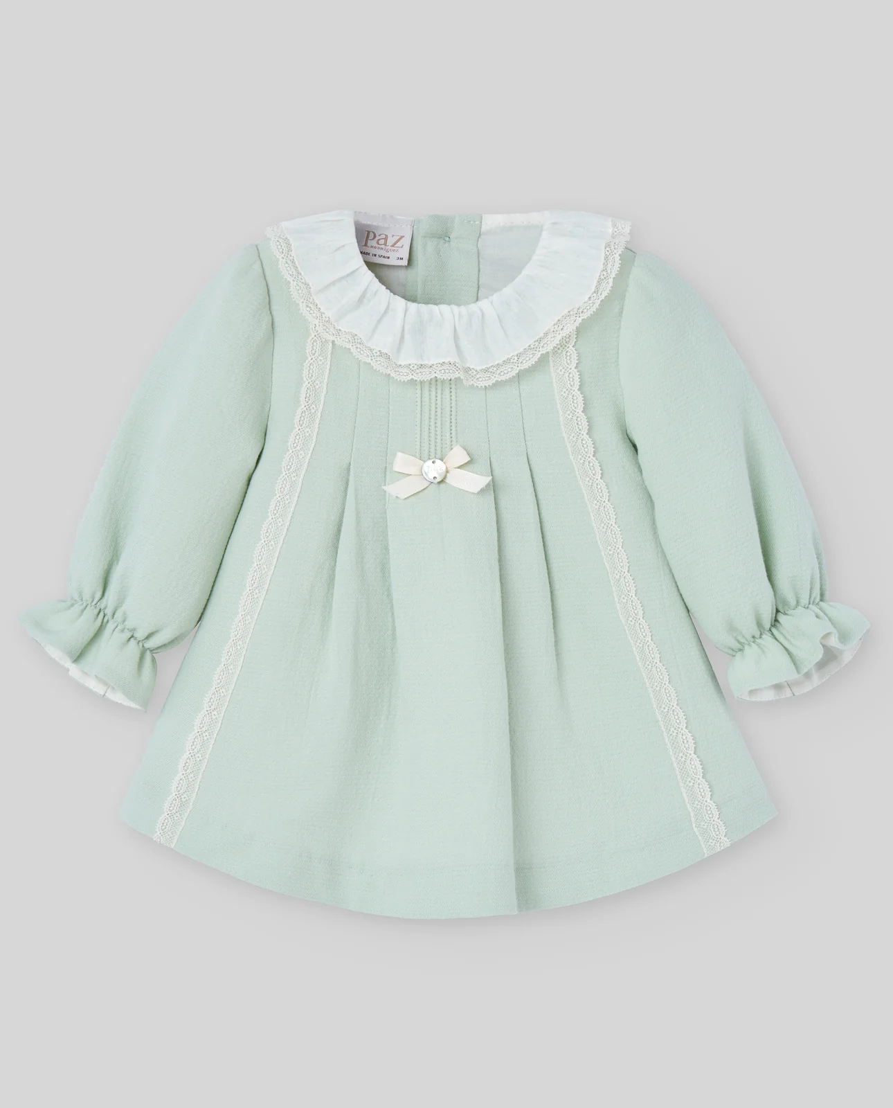 VESTIDO M/L TELA GOFRADA C/CUELLO Y PUNTILLA MININO